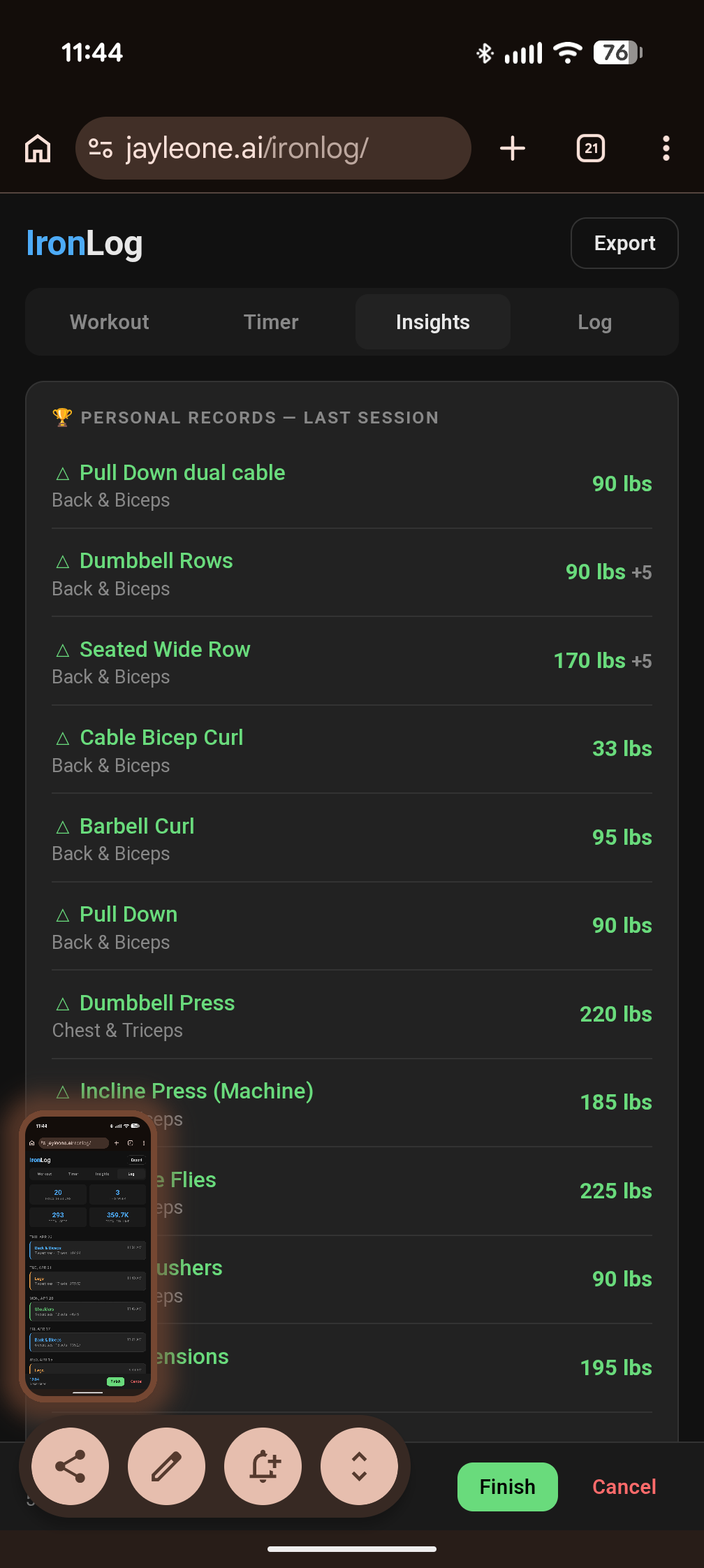 IronLog Insights tab showing a Personal Records panel with multiple lifts flagged in green with PR markers.