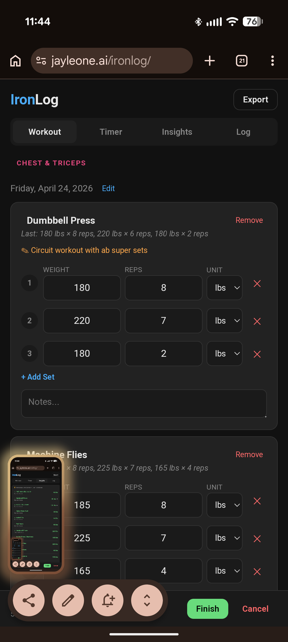 IronLog Log tab showing lifetime stats — 20 total sessions, 3 this week, 293 total sets, 359.7K total volume.