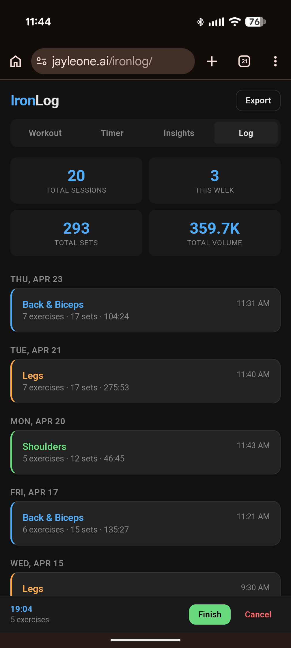 IronLog Workout tab showing a Chest & Triceps session with Dumbbell Press — three sets at 180×8, 220×7, 180×2 — plus a yellow note reading Circuit workout with ab super sets.