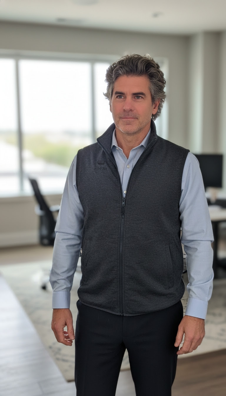 Jay Leone, standing in an office, wearing a charcoal vest over a light blue button-down — looking directly at the camera.