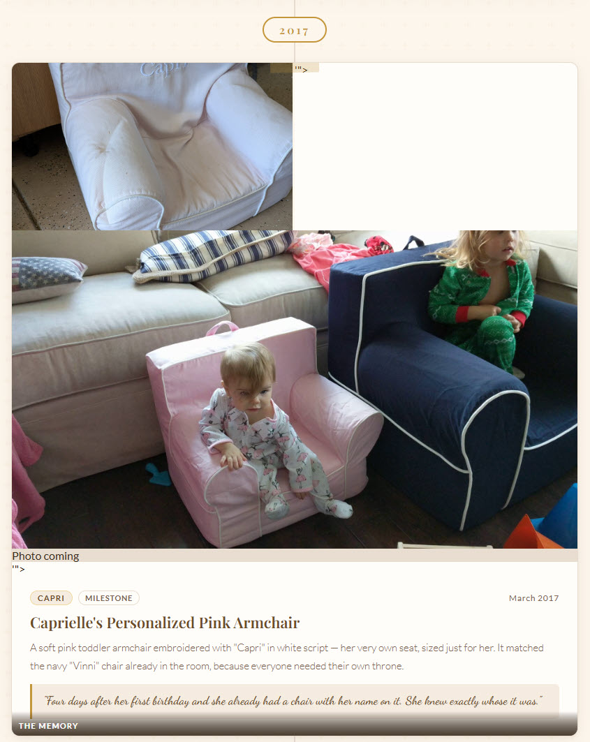 A memory entry for a personalized pink toddler armchair embroidered with a child's name in white script, paired with a photo of the child sitting in the chair as a toddler. Tagged Milestone, dated March 2017, with a quote about the child already having her own named chair days after her first birthday.