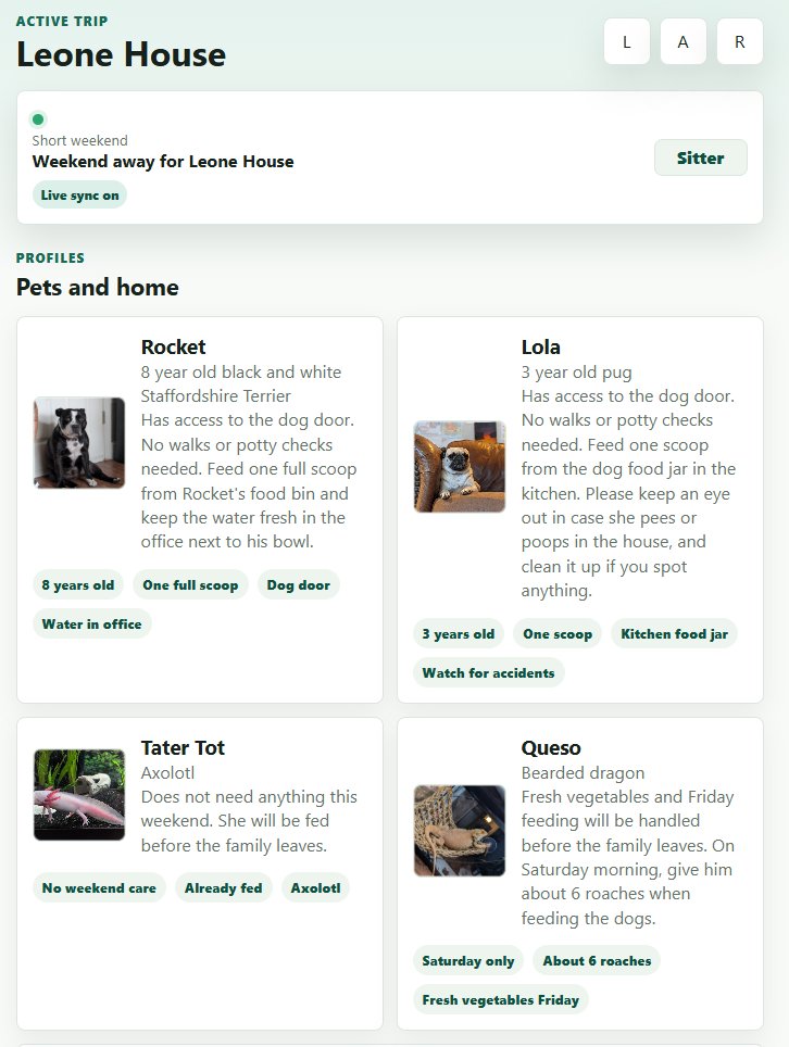 Pet Watcher 'Pets and home' profiles view for the Leone House — four animal cards showing Rocket the Staffordshire Terrier, Lola the pug, Tater Tot the axolotl, and Queso the bearded dragon, each with a photo, care notes, and quick-reference tags.