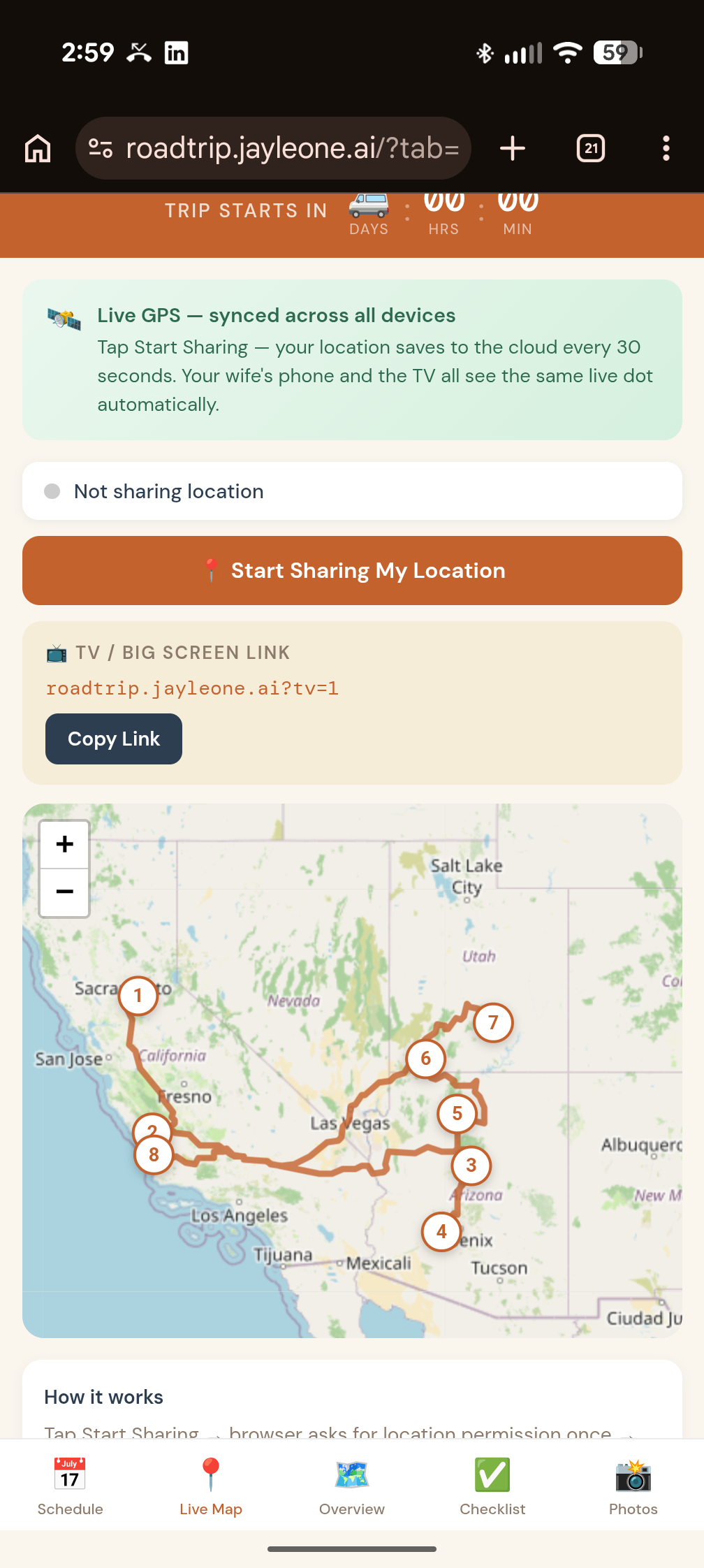 Roadtrip Live Map view showing eight numbered trip stops pinned across California, Nevada, Utah, and Arizona.