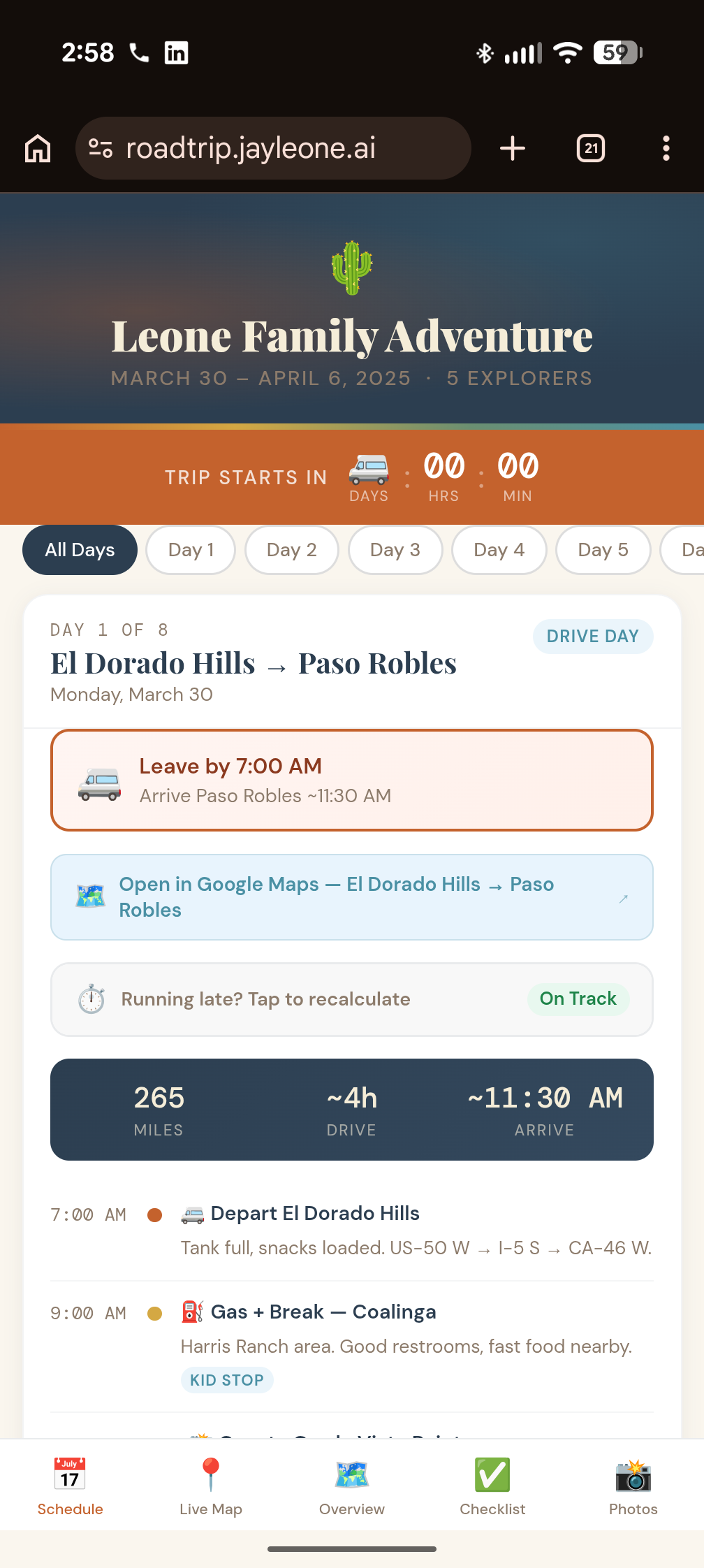 Roadtrip Schedule view showing Day 1 of 8 — El Dorado Hills to Paso Robles — with leave time, arrival estimate, recalculate button, and trip stats.