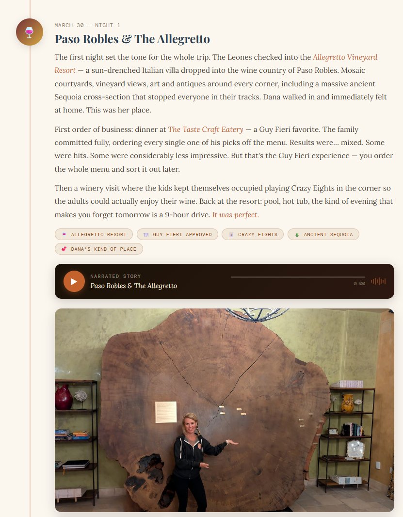 A travelogue chapter titled 'Paso Robles and The Allegretto' showing narrative text about the first night of the trip, a row of theme tags, an embedded 'Narrated Story' audio player with a waveform, and a large photo of Dana standing beside an ancient sequoia cross-section at the resort.