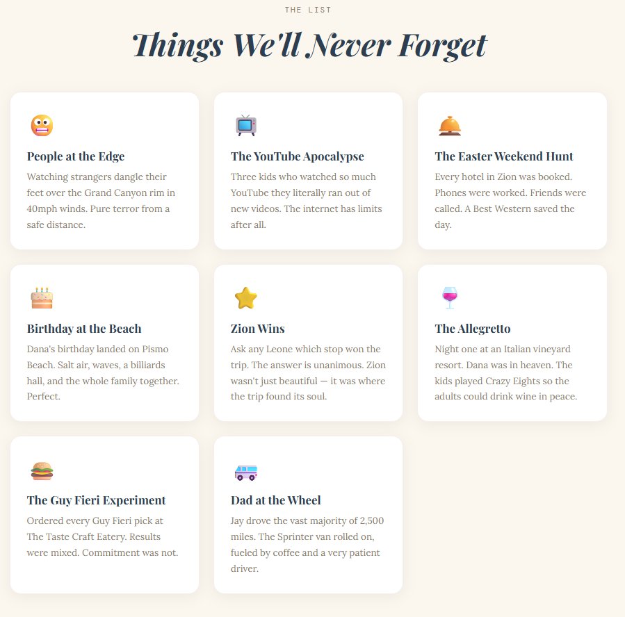 A 'Things We'll Never Forget' highlights grid with eight cards including People at the Edge, The YouTube Apocalypse, The Easter Weekend Hunt, Birthday at the Beach, Zion Wins, The Allegretto, The Guy Fieri Experiment, and Dad at the Wheel, each with an emoji and a short caption.